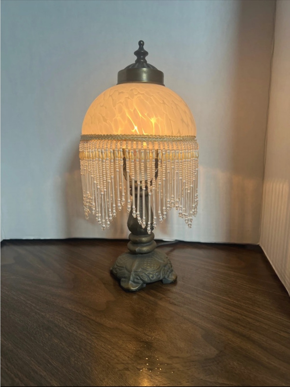 Source Unknown Cream Beaded Fringe Table Lamp with Bronze Base